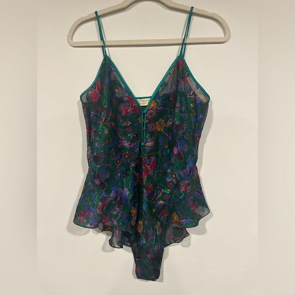 Vintage Gold Label Victoria's Secret Floral Green Lace Teddy Lingerie M